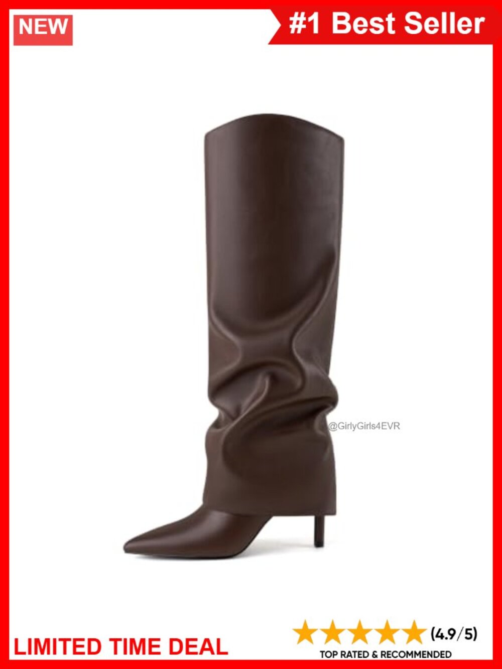 Faux Leather Pointed Toe Stiletto Knee High Boots Slouch Fold Over